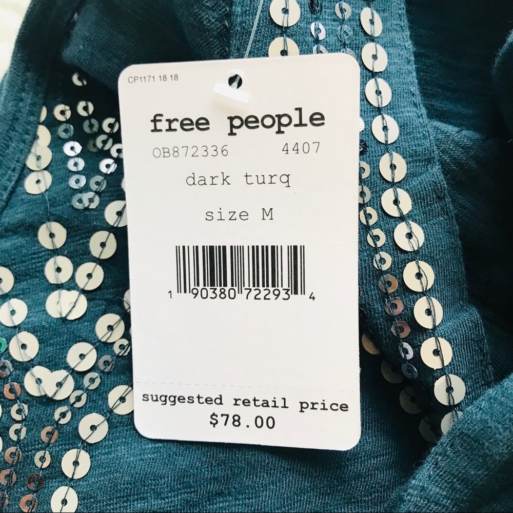 SOLD ♥️ Free People Glitter Sequin City High Neck Bow Tie Tank Blouse Turquoise - Picture 4 of 8